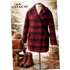 Coach New York Burgundy Black Plaid Double Breasted Wool Blend Pea Coat Womens M
